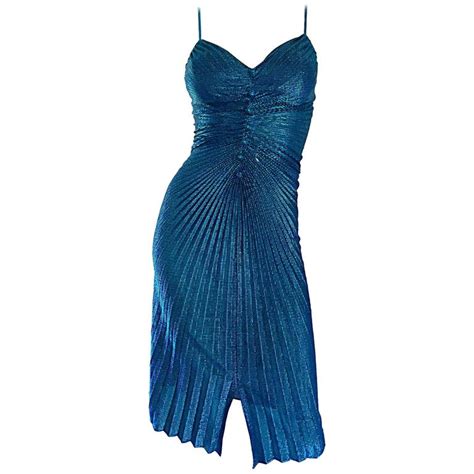 Samir Vintage Blue Metallic 1970s Pleated 70s Disco Slinky Sexy Dress