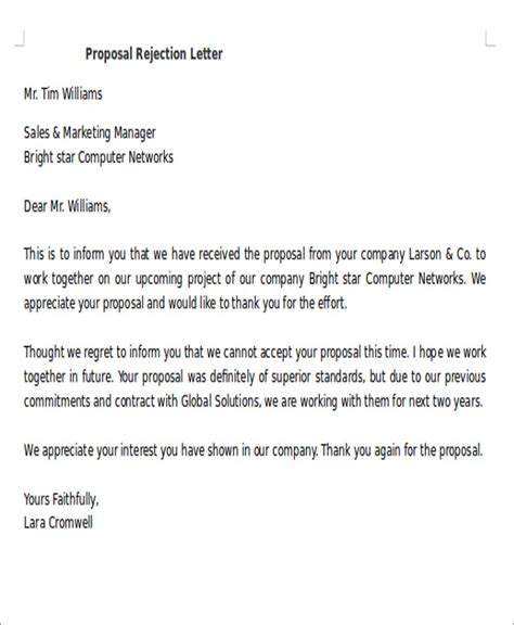 Proposal Rejection Letter 10 Free Sample Example Format Download