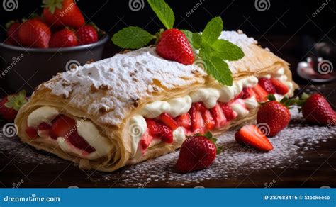 Delicious Strawberry Filled Crepe With Whipped Cream And Powdered Sugar