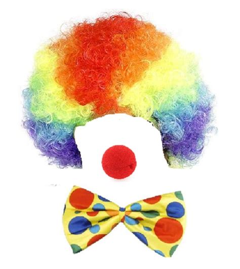 Clown Rainbow Afro Wig Red Nose Jumbo Yellow Spotted Bow Tie Fancy Dress Circus Ebay