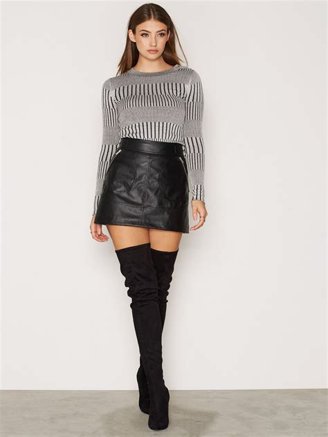 Black Leather A Line Miniskirt And Thigh Boots Leather Mini Skirts
