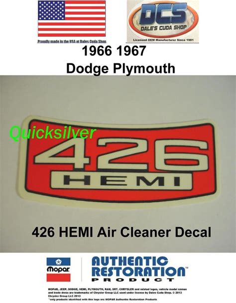 1966 1967 Dodge Charger Plymouth Gtx 426 Hemi Air Cleaner Decal Mopar