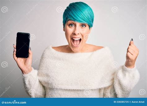 Young Woman With Blue Fashion Hair Holding Smartphone Showing Screen