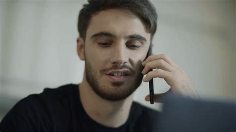 Portrait Of Young Man Talking Phone Close Up Of Happy Guy Face Call