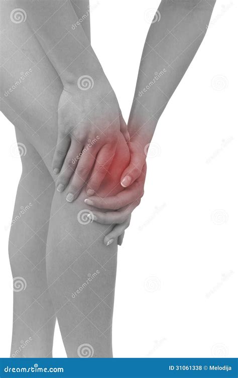 Acute Pain In A Woman Knee Female Holding Hand To Spot Of Knee Stock