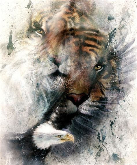 Beautiful Painting Of Eagle And Tiger On An Color Abstract Background