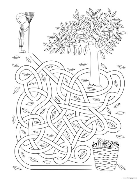 Fall Rake Leaves Maze Activity Sheet Coloring Pages Printable