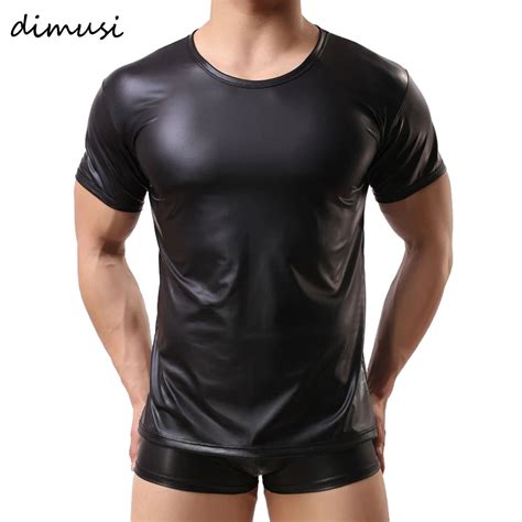 Dimusi Pu Leather T Shirts Men Sexy Fitness Tops Gay T Shirt Tees Mens Stage T Shirt O Neck Sexy