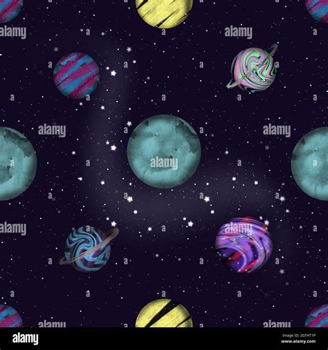 Space Seamless Pattern With Planets And Stars Texture With Cosmic