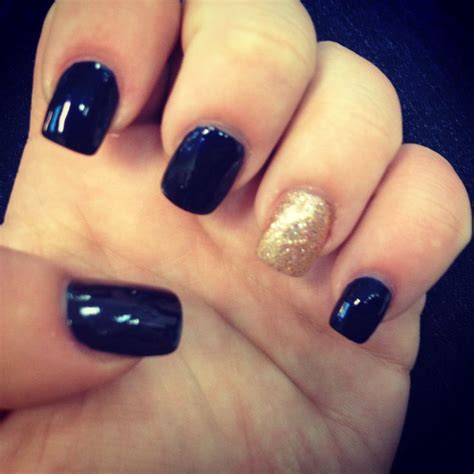 Navy blue and gold sparkle nails! | Nail Art | Pinterest ... Blue base with gold stripes and white dots!