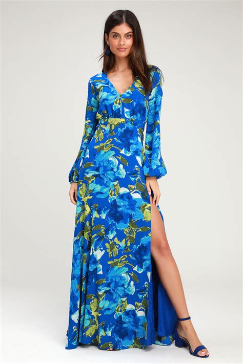 Royal Blue Floral Print Dress Maxi Dress Long Sleeve Dress Lulus