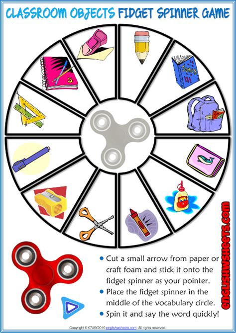 Classroom Objects Esl Printable Fidget Spinner Game