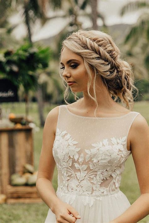 Romantic Wedding Hair With Boho Braid Updo And Wedding Dress With