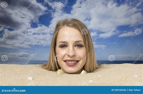 Woman Buried In Sand On Beach Stock Photo Image Of Head Babe 259166536