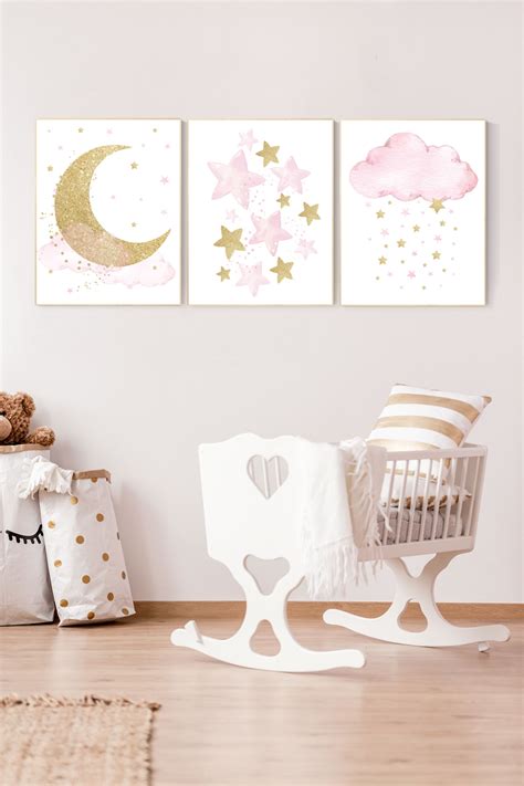 Nursery Wall Art Girl Baby Room Decor Girl Gold And Pink Moon And