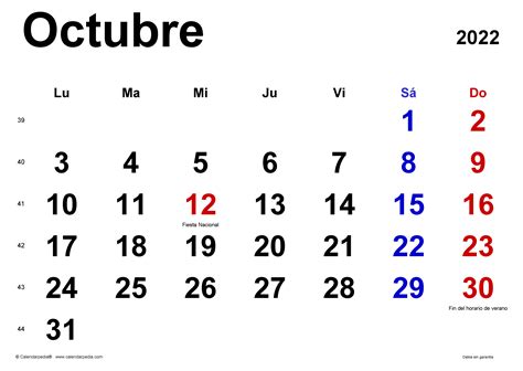 Calendario Octubre 2022 En Word Excel Y Pdf Calendarpedia