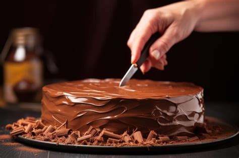 Premium Ai Image Hand Spreading Chocolate Frosting On The Cake With A Spatula