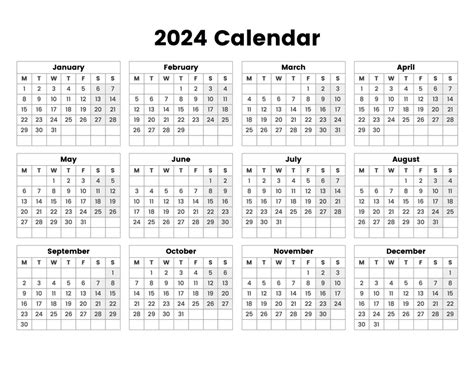2024 Year Calendar With The Week Starting On Monday A Printable Calendar