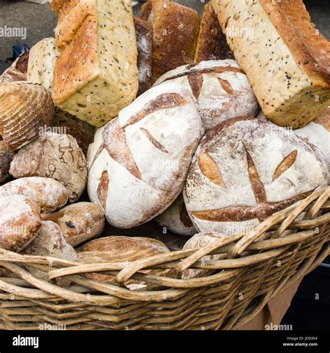 Loaves Of Fresh Baked Bread On Display At The Market Stock Photo Alamy
