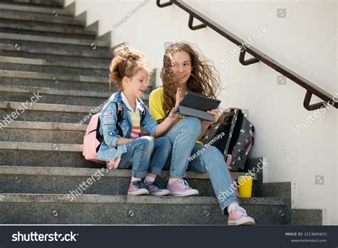Two Girls Sisters On Street Communicate Stock Photo 2153665633
