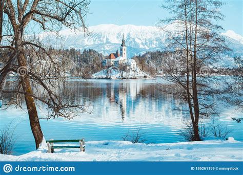 Lake Bled With Bled Island And Castle At Sunrise In Winter Slovenia