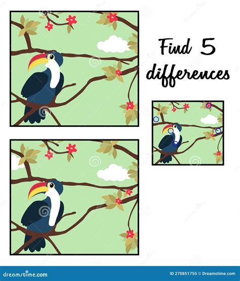 Cute Cartoon Toucan Sitting On A Branch Find 5 Differences With