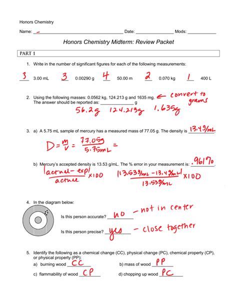 Honors Chemistry Midterm Review Packet
