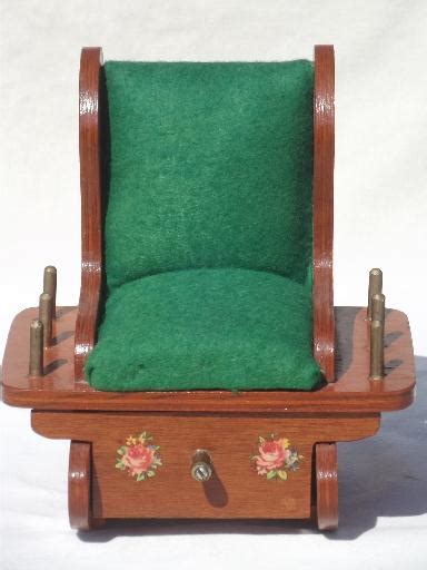 Vintage Sewing Box Wooden Rocking Chair Pin Cushion W Thread Spools Rack