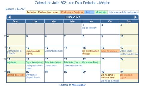 Calendario Julio 2021 Para Imprimir México