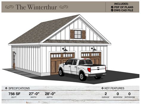 27' X 28' Detached 2 Car Garage, Workshop, Architectural Plans, Modern
