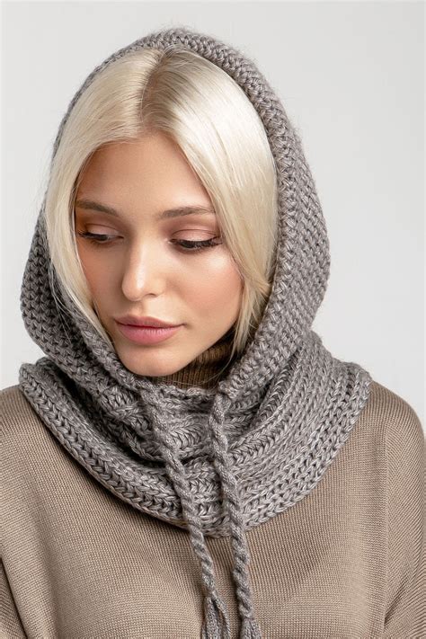 Gray Hooded Scarf Womens Snood Knitted Hooded Scarf Etsy
