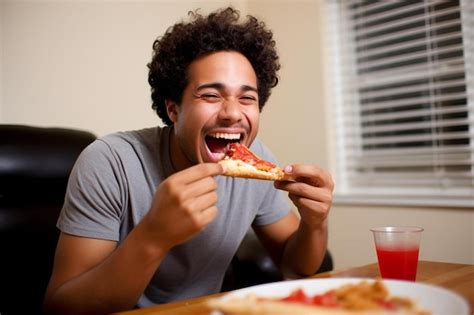 Premium Ai Image Man Licking Fingers While Eating Food At Home