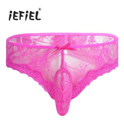 Iefiel Men Lingerie Lace See Through Open Butt Bikini Briefs Underwear Underpants Jockstraps