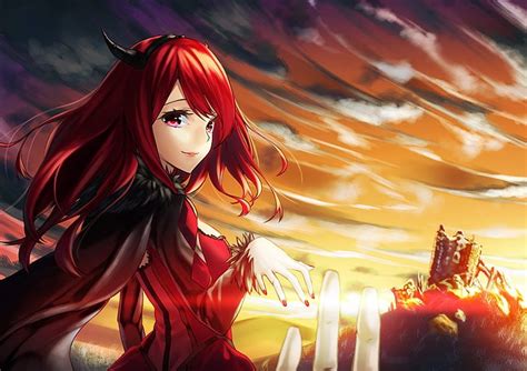 Maou Red Girl Anime Sunset Devil Hd Wallpaper Peakpx