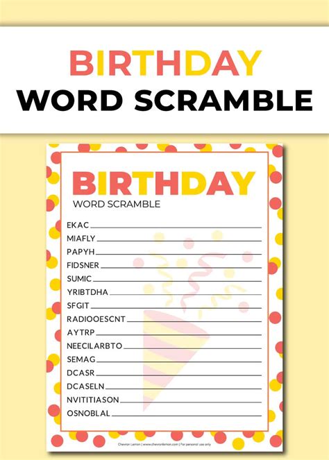 Free Printable Birthday Word Scramble Chevron Lemon