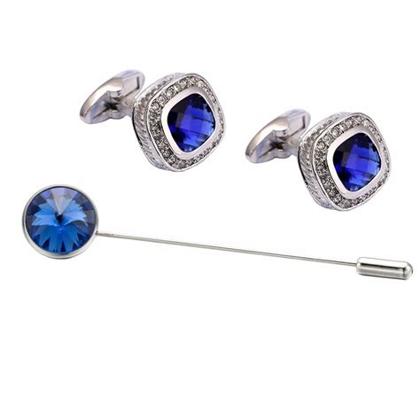 Vagula New Style Fashion Blue Crystal Cufflink Tie Pin Set Square