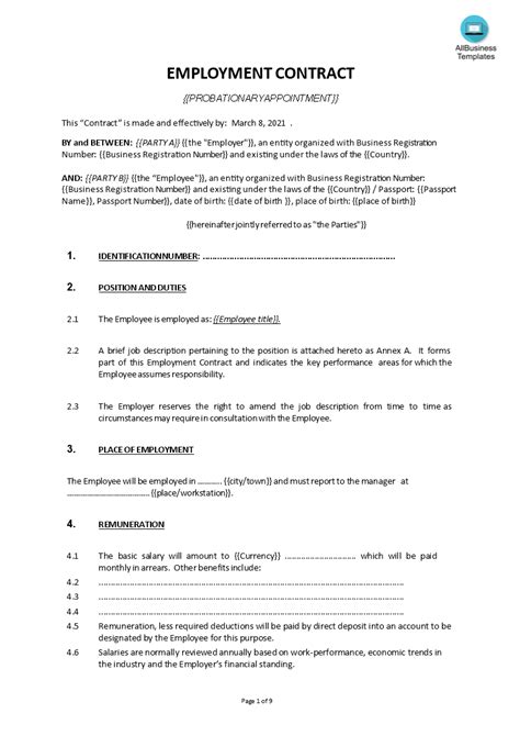 Job Printable Employment Contract Template Printable Templates