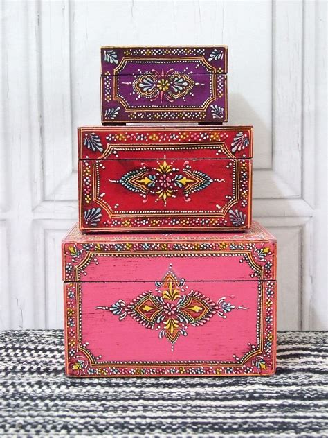 Vintage ~ Set Of Three Indian Hand Painted Boxes Painted Boxes