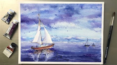 Watercolor Painting Seascape With The Far Horizon And Boats Tutorial