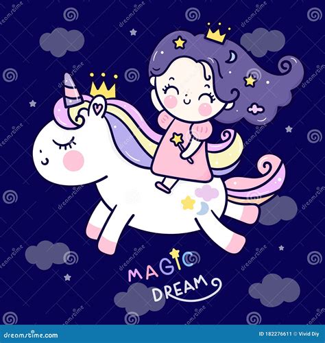 Flat Unicorn Fairy Cartoon Pony Child Vector With Princess Kawaii Girl
