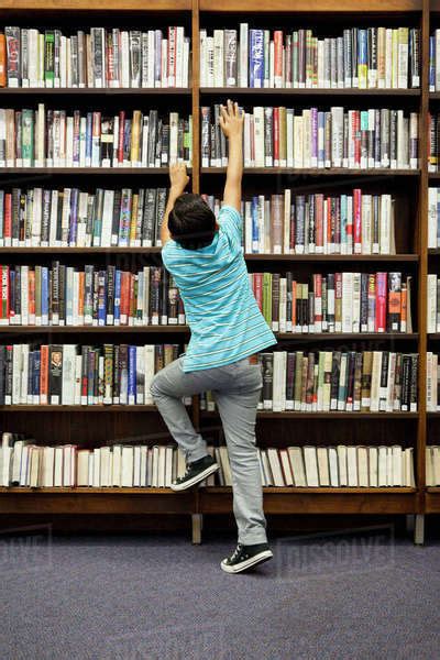 Boy Reaching For Book On Library Shelf Stock Photo Dissolve