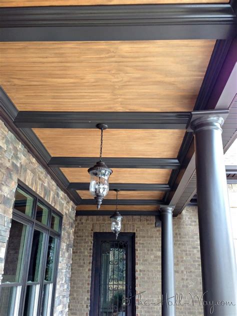 Porch Ceiling Rustic Honey Wood Slats With Tradition Black Trim
