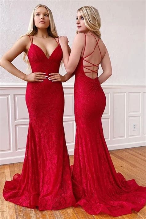 Elegant Mermaid V Neck Spaghetti Straps Red Lace Prom Dresses Cross