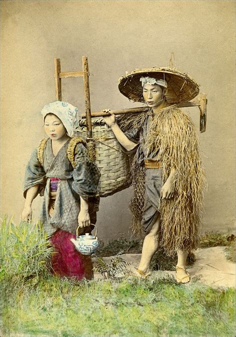 Japanese Farmers A Staged 19th Century Photograph Of A Farmer And His