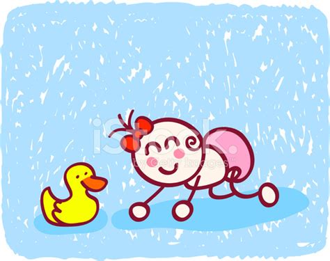 Happy Little Baby Girl Playing With Toy Duck Cartoon