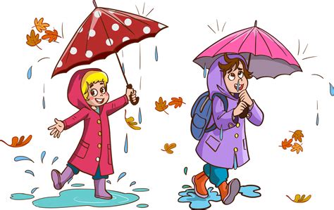 Smiling Little Kids Jumping In A Puddle In Rainy Day Vector