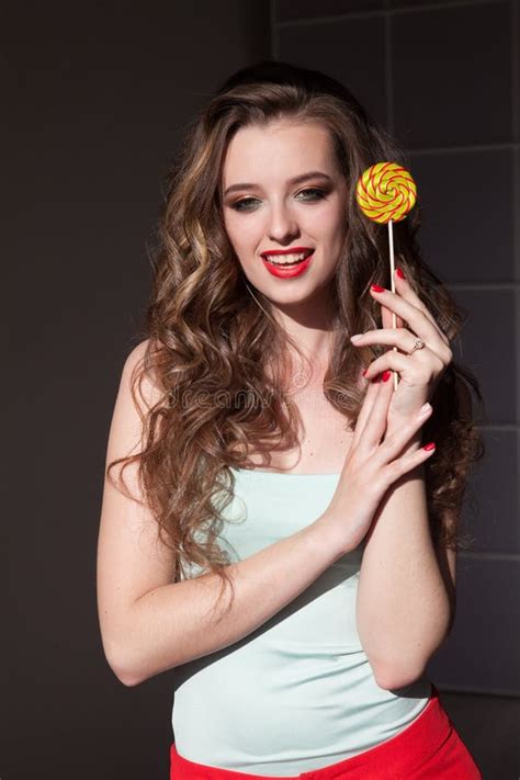 Pretty Girl Eats A Candy Sweet Lollipop Candy Stock Image Image Of