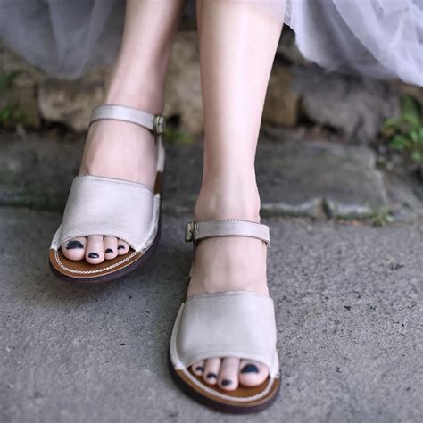 Artmu Comfortable Simple Cowhide Flat Sole Women Sandals Soft Sole