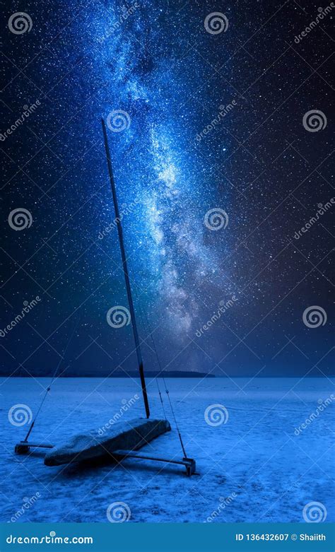 Milky Way Over Ice Boat On Frozen Lake At Night Stock Image Image Of