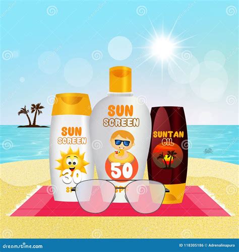 Sunscreen Set With Sun Protection Cream Lotion And Suntan Oil Stock